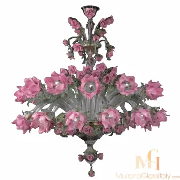 Exquisite Murano glass chandelier adorned with vibrant pink handcrafted glass flowers and delicate green leaves, arranged in an intricate floral design for a stunning decorative centerpiece.