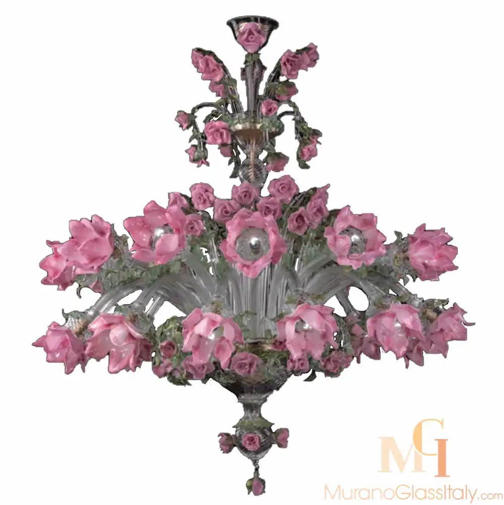 Roser rosa (2)-for-upload Exquisite Murano glass chandelier adorned with vibrant pink handcrafted glass flowers and delicate green leaves, arranged in an intricate floral design for a stunning decorative centerpiece.