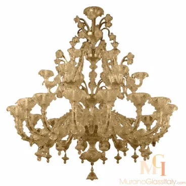 Ornate Venetian chandelier crafted from beige-colored Murano glass, featuring intricate floral details, multiple tiers of curved arms, and elegant hanging accents in a classic baroque design.