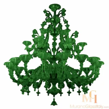 Venetian chandelier made from vibrant green Murano glass, showcasing elaborate floral detailing, layered curved arms, and classic baroque design elements.