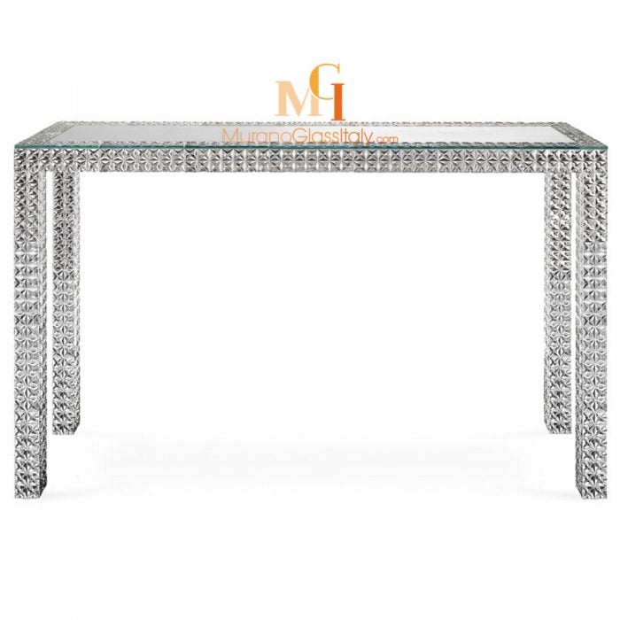 silver and glass console table