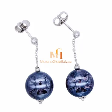 シルバー・ダークブルー - ムラノグラス製スタッドピアス