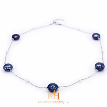 Silver Dark Blue - Venetian Bead Necklace