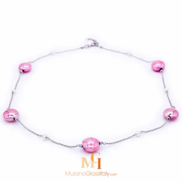 Silver Pink - Venetian Bead Necklace