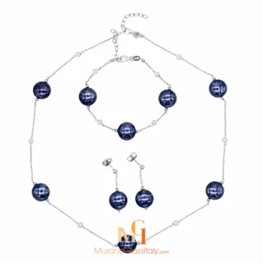 Серебряное темно-синее ожерелье и серьги из муранского стекла
