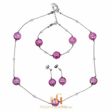 Серебристо-розовый - ожерелье и серьги из муранского стекла