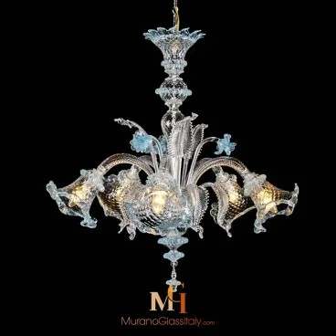 Murano glass chandelier with clear and light blue glass, featuring textured floral arms, gold-tinted elements, and ornate detailing.
