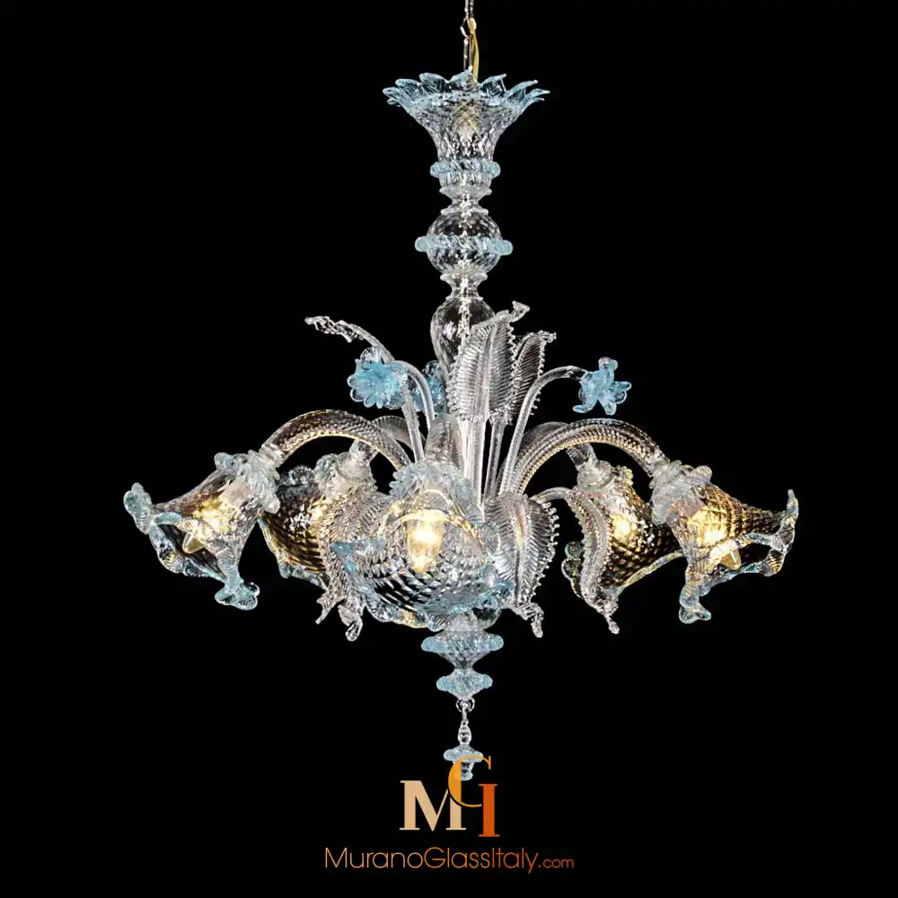 Verde murano- blue Murano glass chandelier with clear and light blue glass, featuring textured floral arms, gold-tinted elements, and ornate detailing.