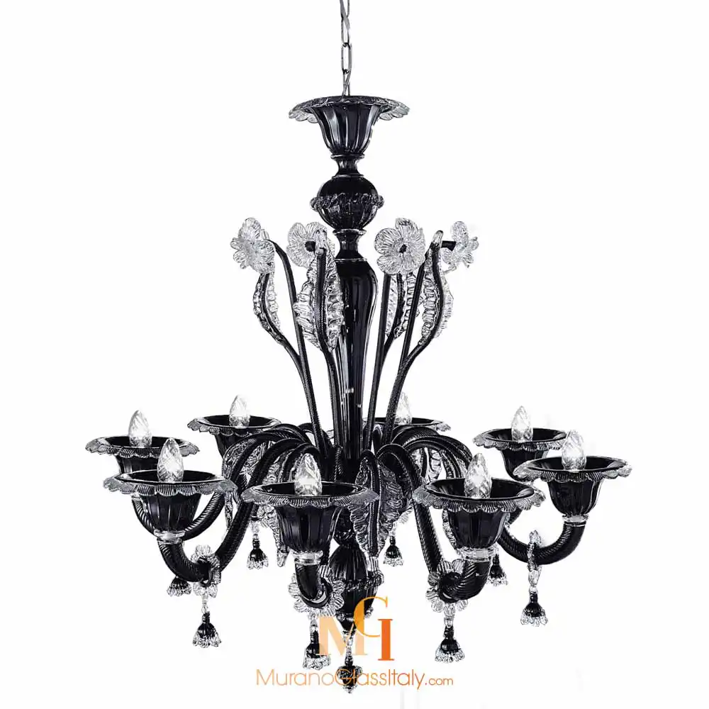 Doge 8L ambientata Black Murano Glass Chandelier with upward curved arms featured with floral elements.