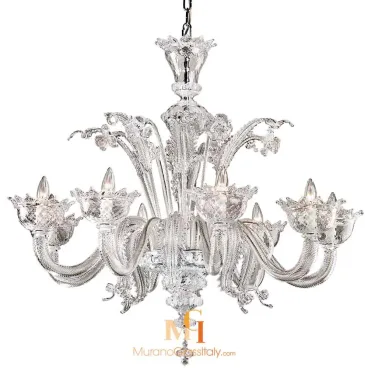 Elegant Venetian chandeliers made of clear Murano glass with twisted arms, floral details, and candle-style lights.