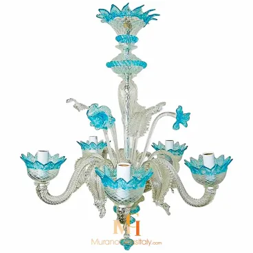 Example of Venetian chandeliers in Murano glass, featuring clear twisted arms and bright blue floral accents, handmade in Italy.