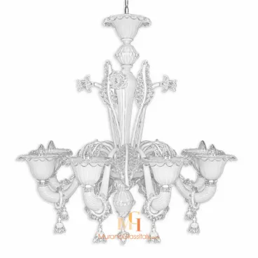 Milk glass Murano chandelier with curved arms, detailed with clear glass floral and leaf embellishments, and finished with delicate hanging glass elements.