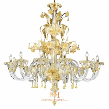 Gold and crystal chandelier with twisted glass arms, detailed floral accents, and two tiers of candle-style lights in an ornate design.
