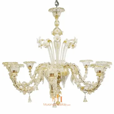 Venetian Murano Glass Chandelier with curved arms, ivory and gold glass, and white flower decorations on the arms and center.