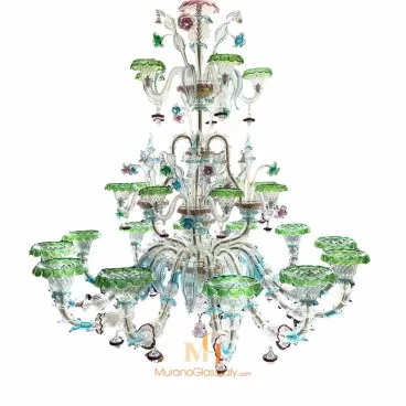 Intricately detailed Murano glass chandelier with green scalloped glass arms, pastel floral accents, and a multi-tiered design.