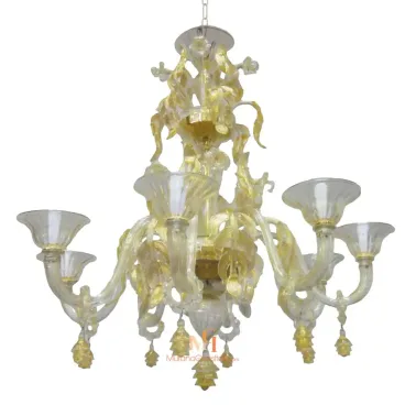 Gold Murano glass chandelier with flared clear glass cups, swirling arms, and ornate gold leaf accents cascading from a tiered central stem.