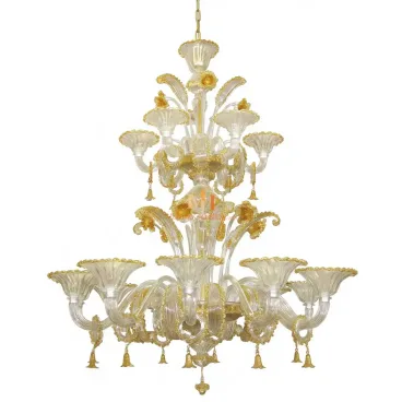 Handblown Murano glass chandelier from Venice with clear swirling arms, scalloped glass cups, and gold floral accents and droplets.