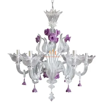 Murano chandelier from Venice made of clear glass with curved arms, purple glass flowers, and matching hanging ornaments.