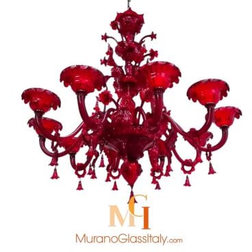 Murano red chandelier from Venice featuring intricate glasswork, curved arms, floral accents, and hanging red glass droplets.
