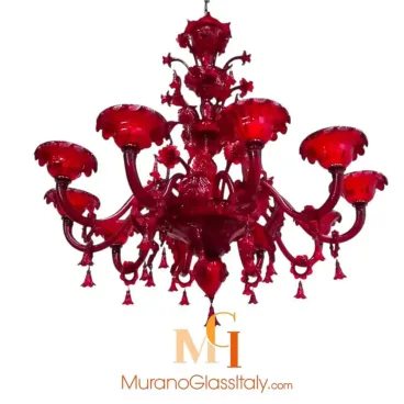 Murano red chandelier from Venice featuring intricate glasswork, curved arms, floral accents, and hanging red glass droplets.