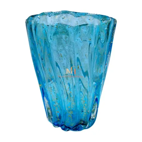 ムラーノ　クリスタルガラス　青いツイストデザインのガラス花瓶　作家物　希少品 Clio-Blue-and-Gold-Glass-Vase-